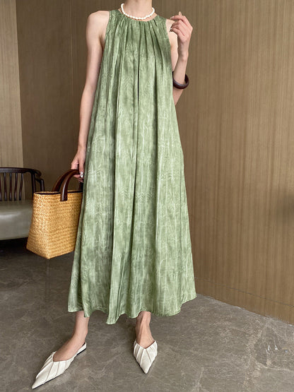 Langes Sommerkleid ohne Ärmel mit gemusterter Struktur und rundem Ausschnitt