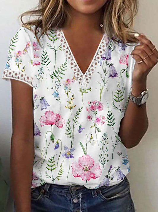 Sherly - Elegantes T-Shirt mit kurzen Ärmeln und V-Ausschnitt-Druck für Frauen