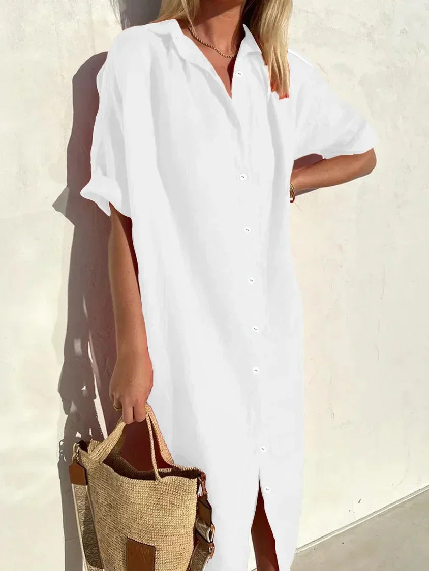 Hange - elegantes und lässiges Kleid mit langen Ärmeln und Knopfleiste für Frauen Kleider aus Baumwolle und Leinen
