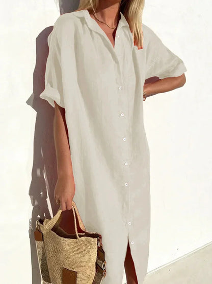 Hange - elegantes und lässiges Kleid mit langen Ärmeln und Knopfleiste für Frauen Kleider aus Baumwolle und Leinen