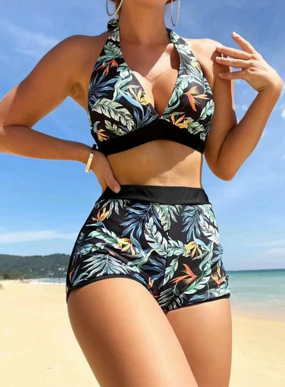 Damenmode Blattdruck Riemen geteilter Bikini-Badeanzug