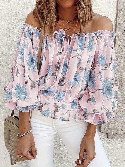 Schulterfreie Bluse aus geblümtem Chiffon - Plissee-Laternenärmel & Leichtgewicht