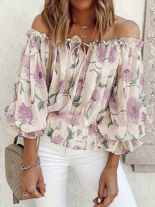 Schulterfreie Bluse aus geblümtem Chiffon - Plissee-Laternenärmel & Leichtgewicht