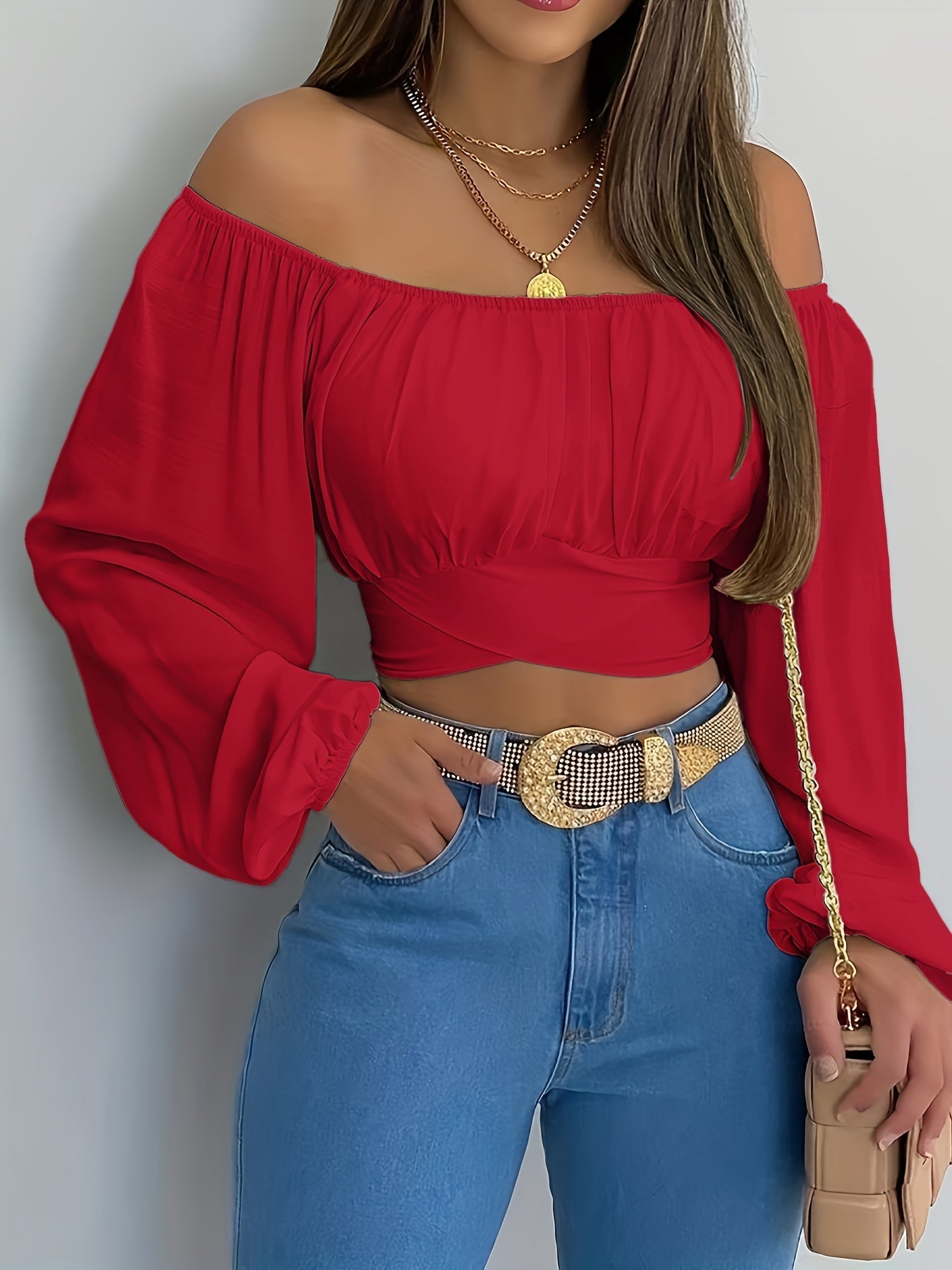 Off-Shoulder Tie Back Crop Blouse - Lange Ärmel und bequeme Passform