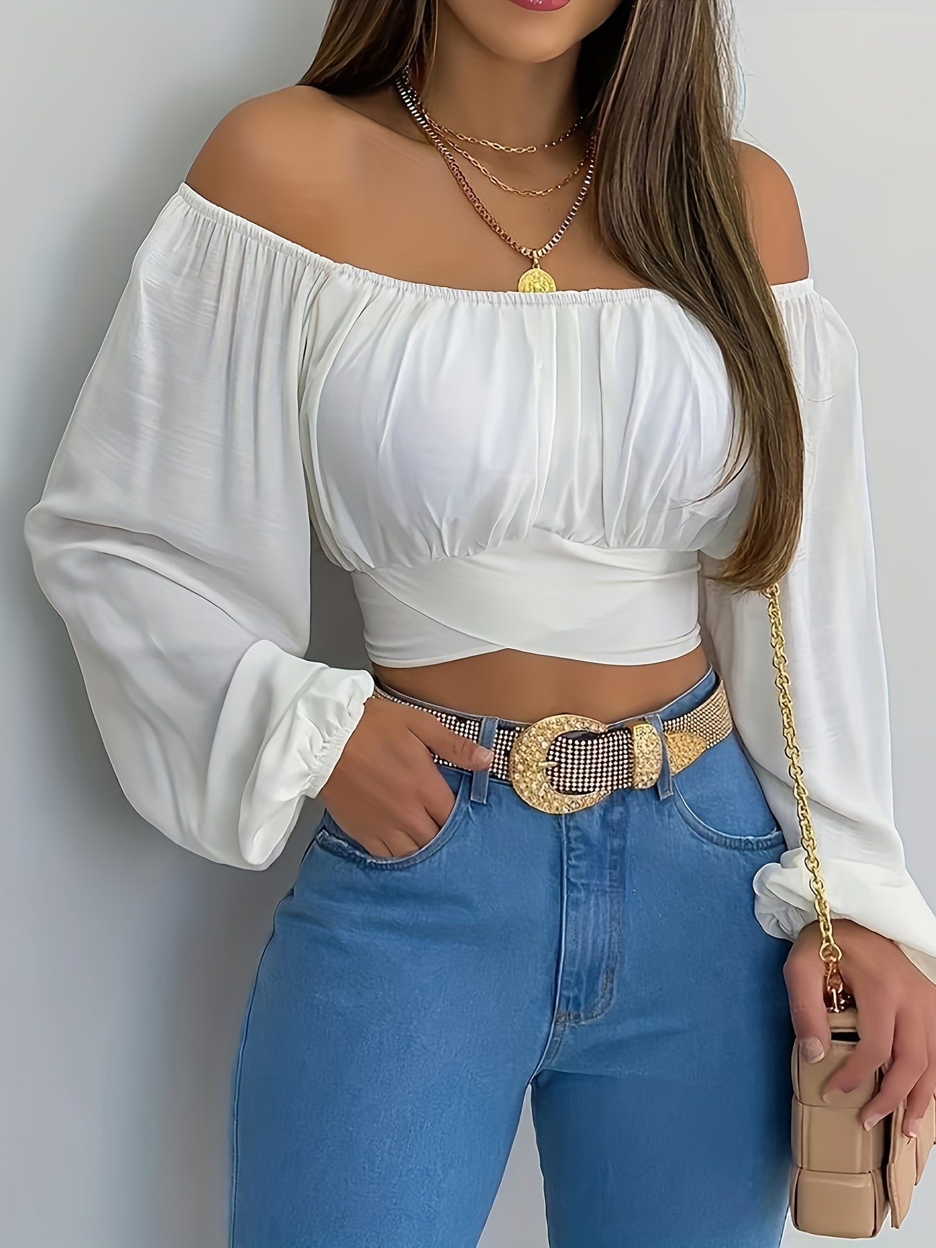 Off-Shoulder Tie Back Crop Blouse - Lange Ärmel und bequeme Passform