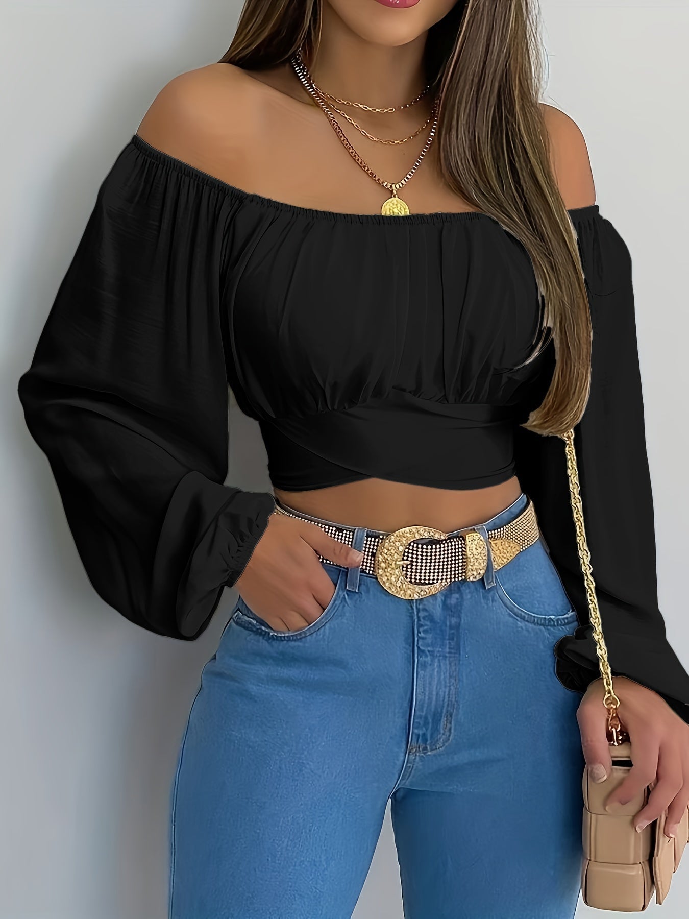 Off-Shoulder Tie Back Crop Blouse - Lange Ärmel und bequeme Passform