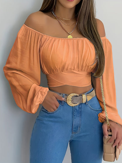 Off-Shoulder Tie Back Crop Blouse - Lange Ärmel und bequeme Passform