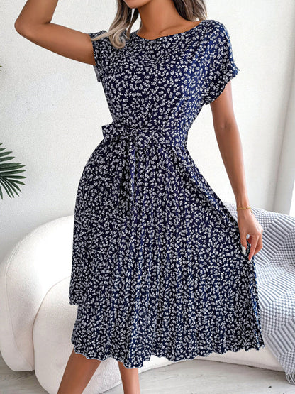 Ora - Midikleid mit Krawatte und Blumendruck Rundhalsausschnitt Trapeze