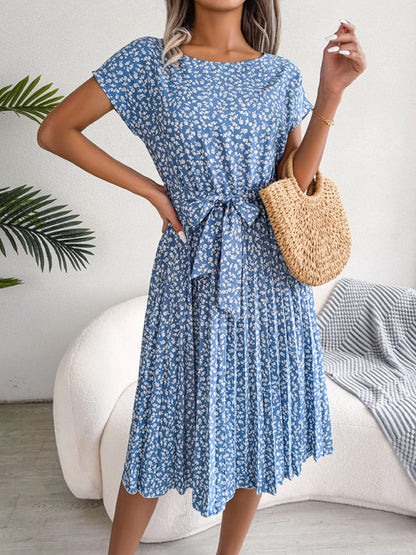 Ora - Midikleid mit Krawatte und Blumendruck Rundhalsausschnitt Trapeze