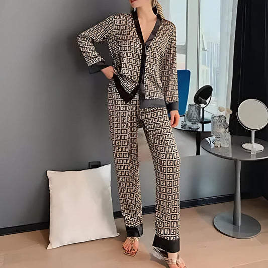 Lila - Goldene Morgenröte Satin-Pyjama-Set mit langen Ärmeln für Frauen