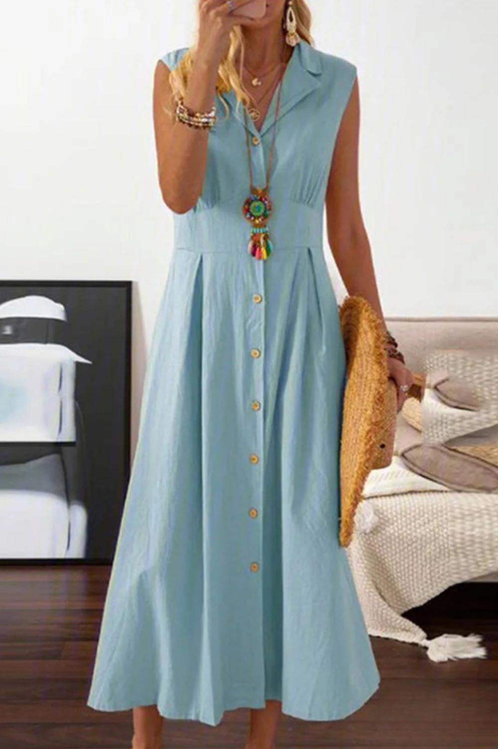 Peggy - ärmelloses Midikleid mit überlappenden Knöpfen