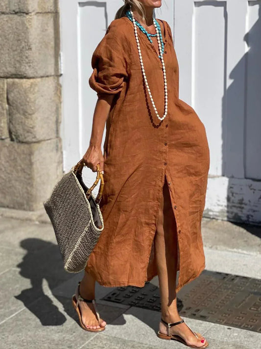 Perlita - Kleid aus Baumwolle, Leinen und einfachen Knöpfen