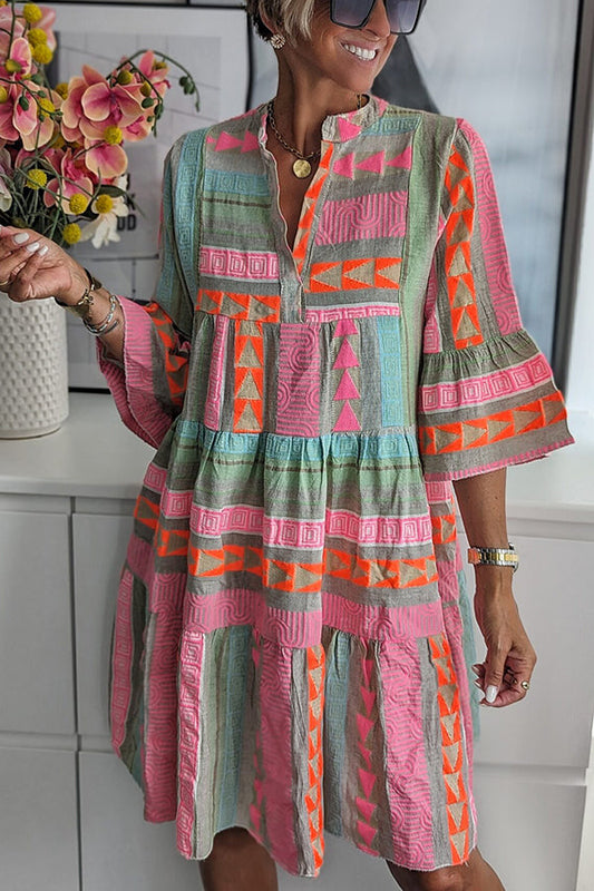 Pham - Buntes Babydoll-Minikleid aus einer Leinenmischung mit ethnischem Print und Glockenärmeln: