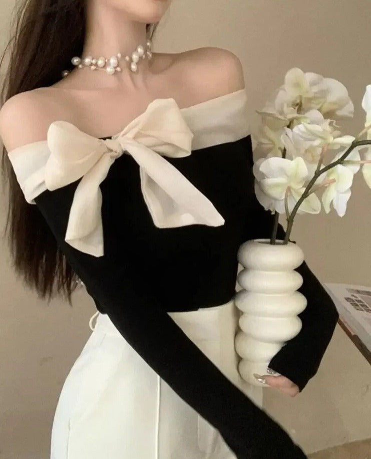Patty - Schulterfreie Bluse mit langen Ärmeln und Schleife