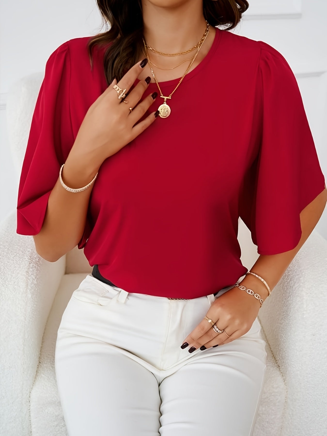 Bluse mit rundem Halsausschnitt - Halbe Ärmel & weicher Faltenwurf