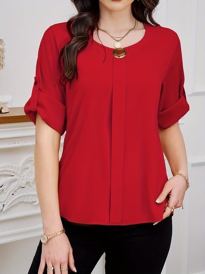 Bluse mit Rundhalsausschnitt - Plissee-Front und kurze Ärmel