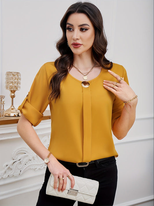 Bluse mit Rundhalsausschnitt - Plissee-Front und kurze Ärmel