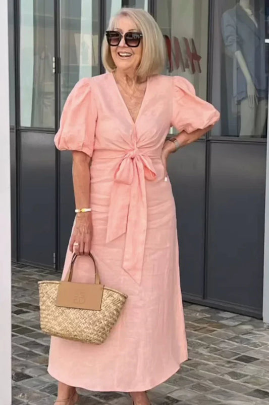 Rowen - Baumwollkleid mit V-Ausschnitt und Puffärmeln