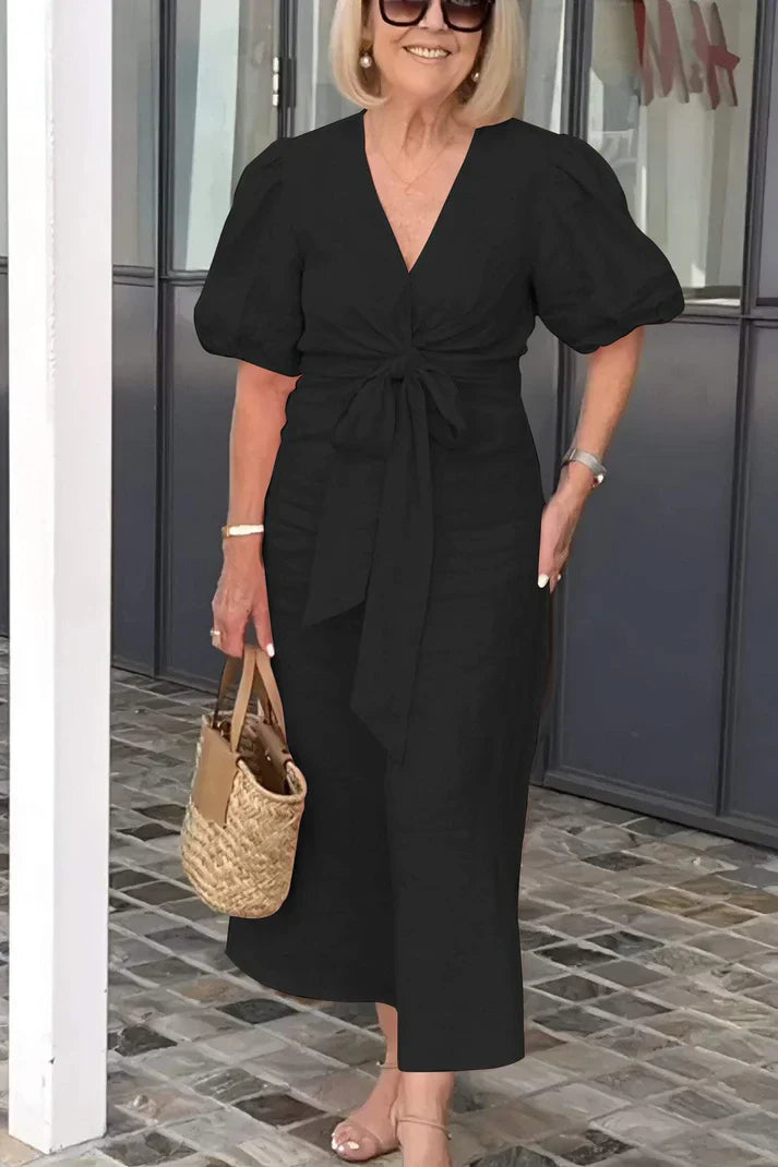 Rowen - Baumwollkleid mit V-Ausschnitt und Puffärmeln