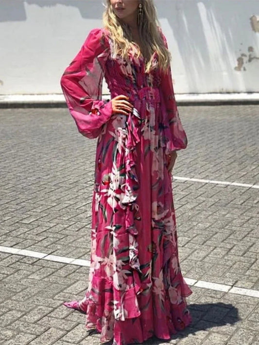 Avilina - Langärmeliges Sommerkleid, V-Ausschnitt und hohe Taille