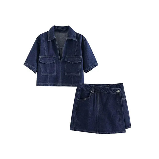 Damen 2-Teiliges Set - Traf - Modern - Slim Fit Denim und Asymmetrischer Rock - Perfekt für legere und halb-formale Anlässe