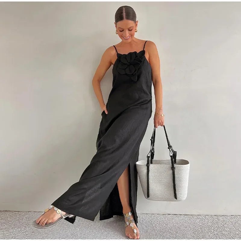 Marinelle - Maxikleid mit Schlitz und Taschen aus Leinenmischung mit Blumenmuster