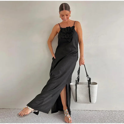 Marinelle - Maxikleid mit Schlitz und Taschen aus Leinenmischung mit Blumenmuster