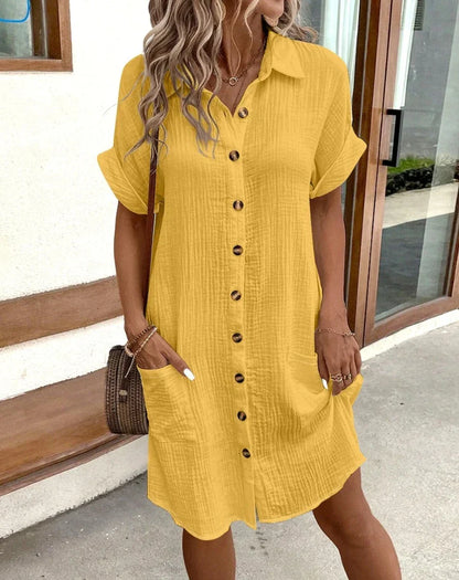 CM | Vintage Women's Plain Mini Dress Sommer Mode V-Ausschnitt Drei Ärmel Baumwolle Leinen Kleid Damen Casual Holiday Vestidos