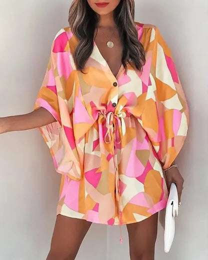 Rosabella - Sommermode fliegende Ärmel V-Ausschnitt Hemdkleid