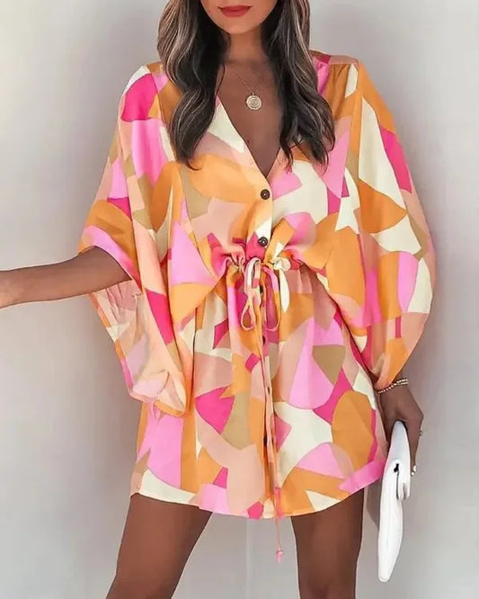 Rosabella - Sommermode fliegende Ärmel V-Ausschnitt Hemdkleid