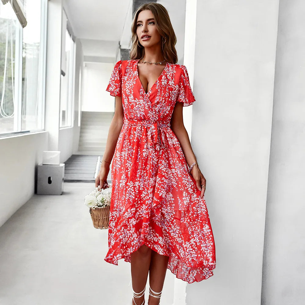 Celeste - Damen Kleid mit V-Ausschnitt und kurzen Ärmeln