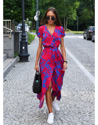 Blumenkleid mit hohem Schlitz und verstellbarem Bund