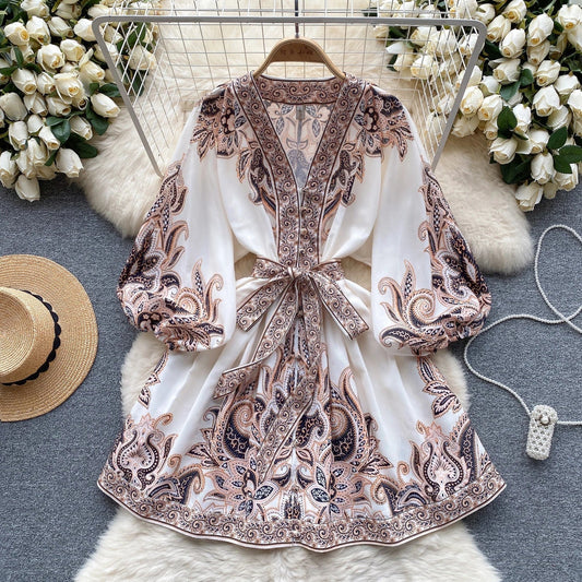 Kornelia - Elegantes Vintage Print Minikleid mit Puffärmeln in A-Linie mit V-Ausschnitt