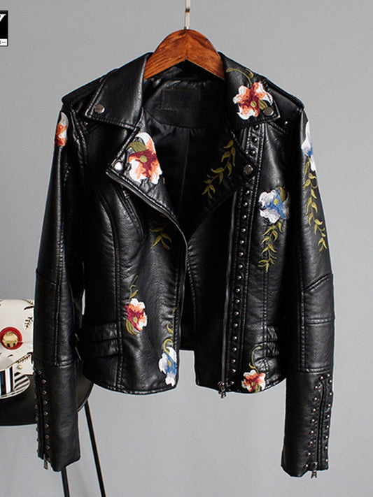 Maribel | Damenlederjacke mit gestickten Blumen – schick und elegant