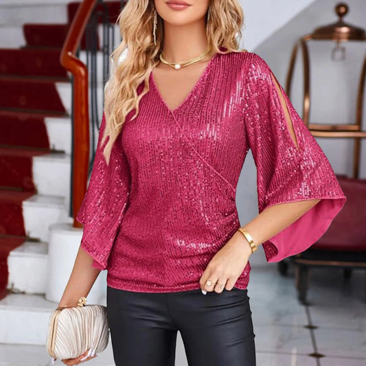 Larissa | Chic Pailletten V-Ausschnitt Bluse mit ausgestellten Ärmeln