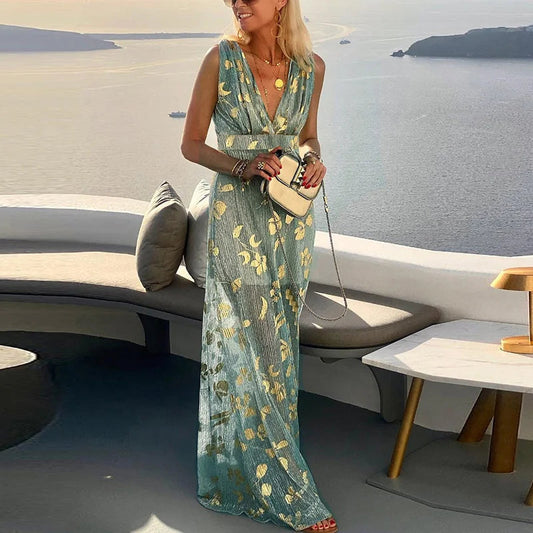 Langes, fließendes Kleid mit V-Ausschnitt und glitzernden Details