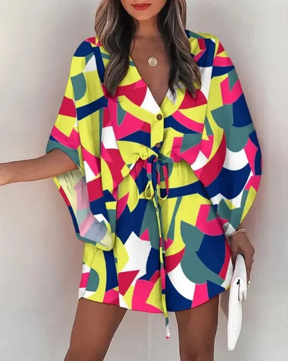 Rosabella - Sommermode fliegende Ärmel V-Ausschnitt Hemdkleid