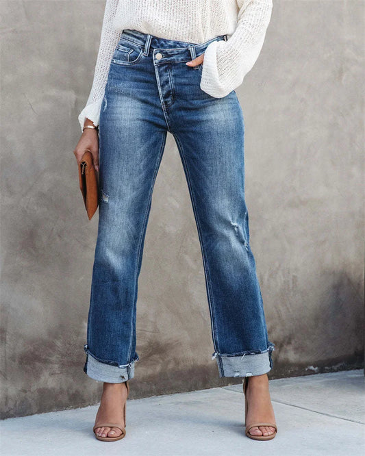 Roberta - Jeans mit geradem Bein, hoher Taille und Knopfverschluss
