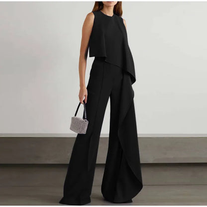 Casual ärmellose gerade geschnittene Hose mit schmaler Vorderseite und weiten Beinen für Frauen