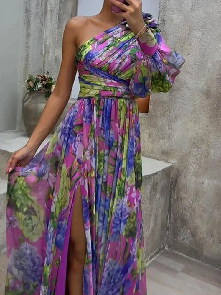 Flieder - Lila Druck Seitenschlitz und ein Ärmel sexy Maxikleid