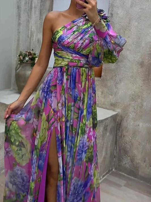 Flieder - Lila Druck Seitenschlitz und ein Ärmel sexy Maxikleid