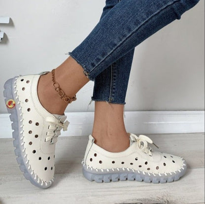 Damen weiches Leder hohle Schnürschuhe flach