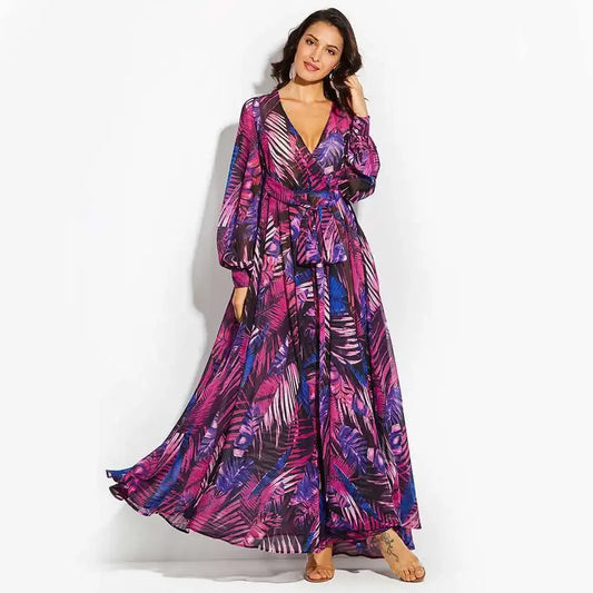 Evarine - Langes Damenkleid mit V-Ausschnitt und Laternenärmeln