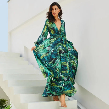 Evarine - Langes Damenkleid mit V-Ausschnitt und Laternenärmeln