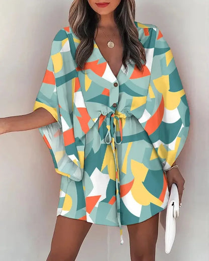 Rosabella - Sommermode fliegende Ärmel V-Ausschnitt Hemdkleid