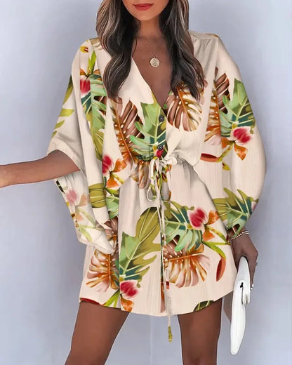 Rosabella - Sommermode fliegende Ärmel V-Ausschnitt Hemdkleid