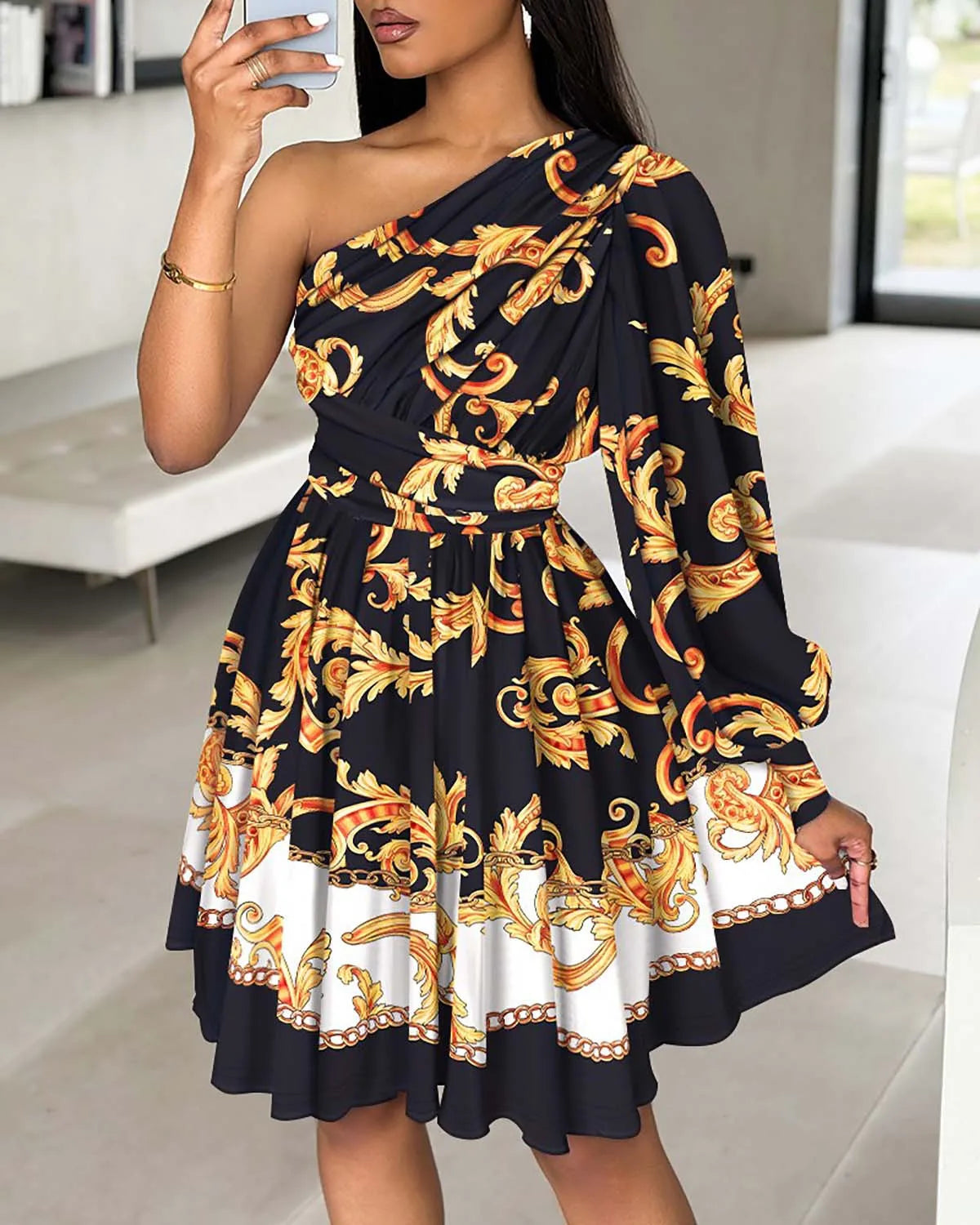 Beatrice - Sexy Boho Print Kleid mit einer Schulter