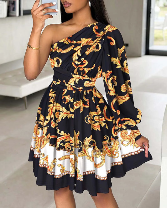 Beatrice - Sexy Boho Print Kleid mit einer Schulter