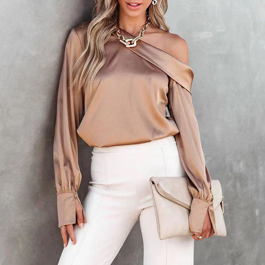 Tannia Bluse | Braun Satin One-Shoulder Bluse
