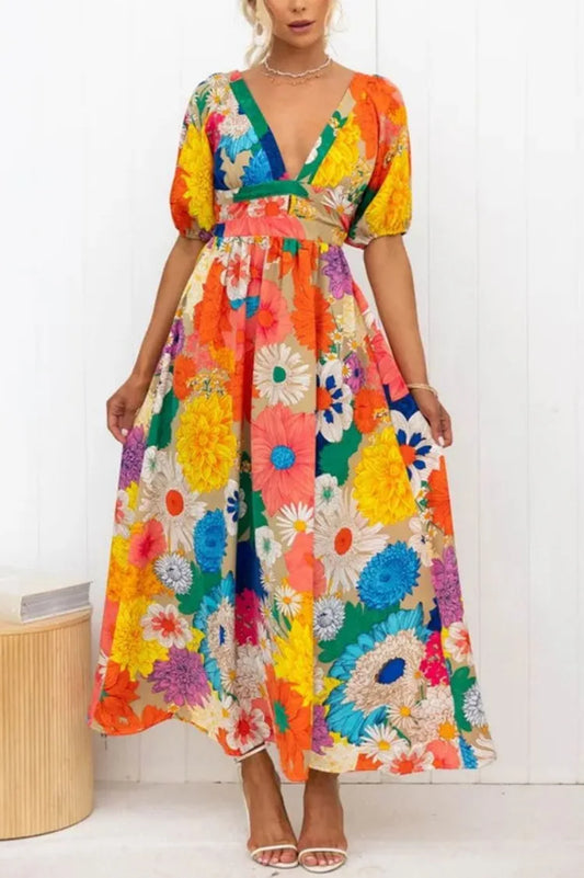 Anna -Kleid mit Puffärmeln und Blumendruck
